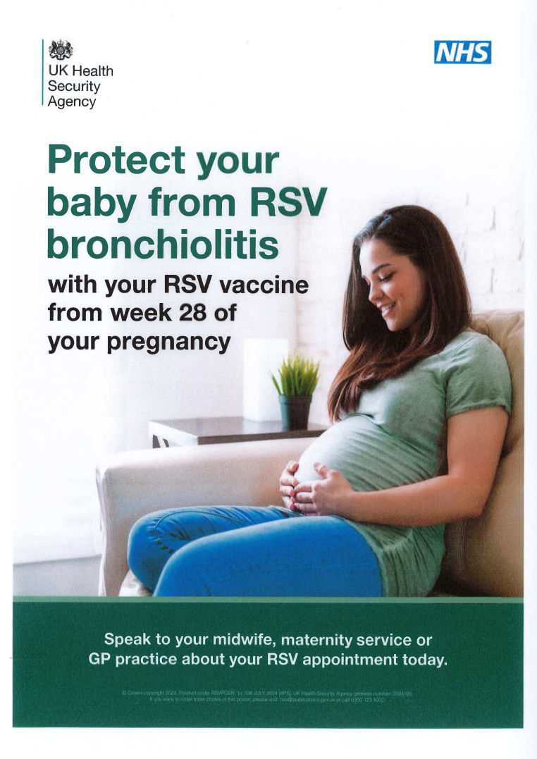 Protect your baby from RSV bronchiolitis with your RSV vaccine from week 28 of your pregnancy. Speak to your midwife, maternity service or GP practice about your RSV appointment today